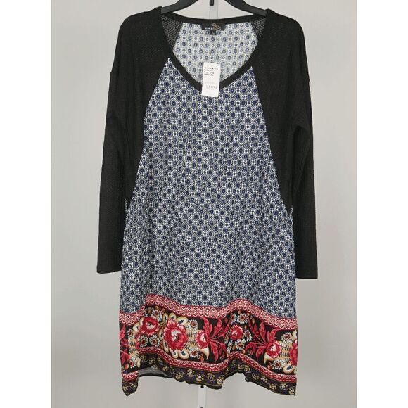 Suzanne Betro Women's Navy & Red Contrast-Hem Long-Sleeve Shift Dress L - Picture 2 of 10